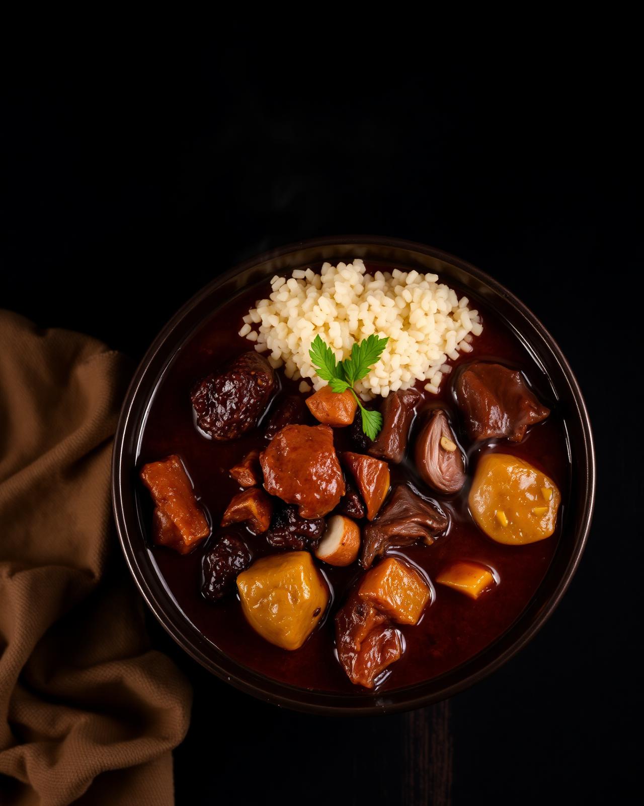 Steaming bowl of amala with assorted meats